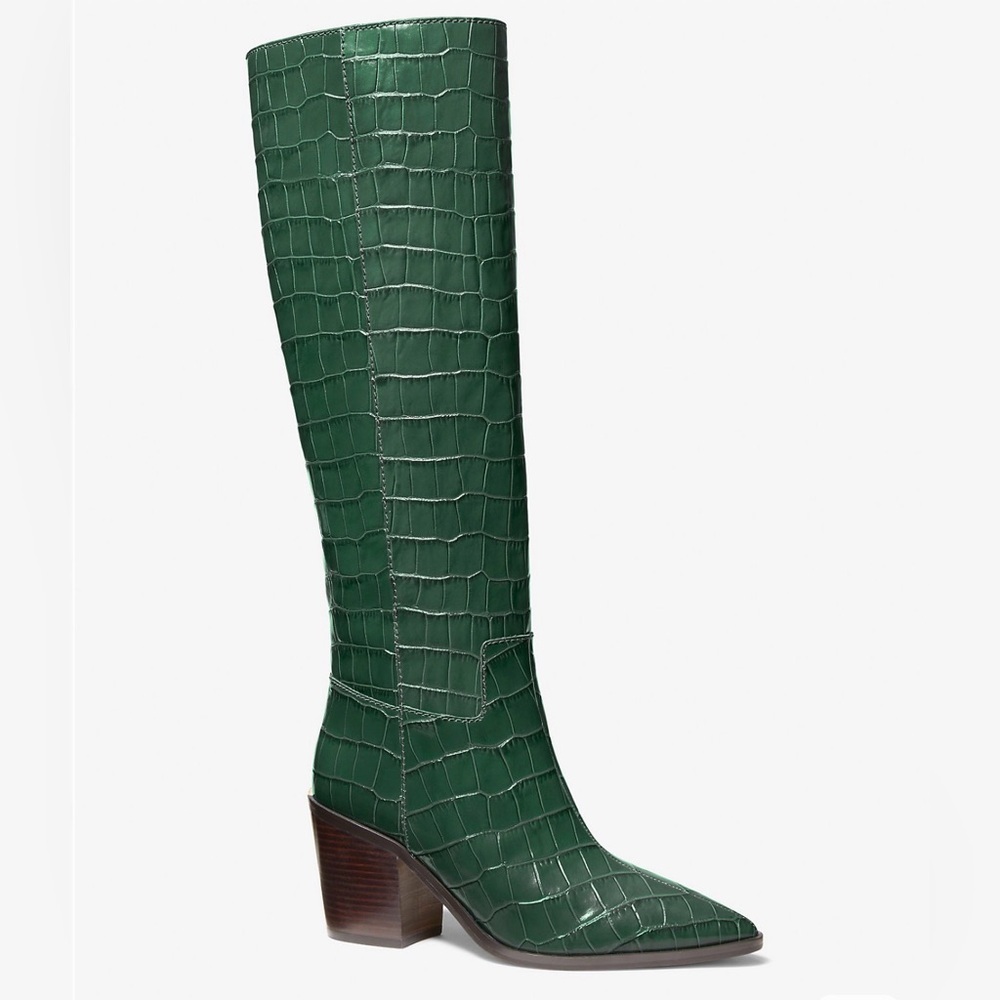 Michael Kors Loni Moss Green Embossed Croc Leather Knee-High Boots US 7M NIB - Picture 1 of 8